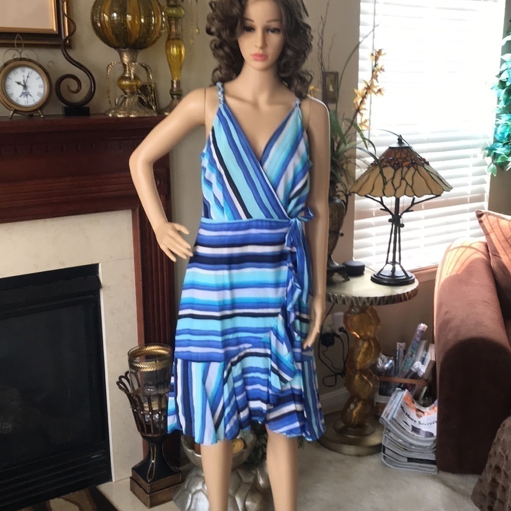 Tommy Hilfiger Blue Striped Ruffle Wrap Dress